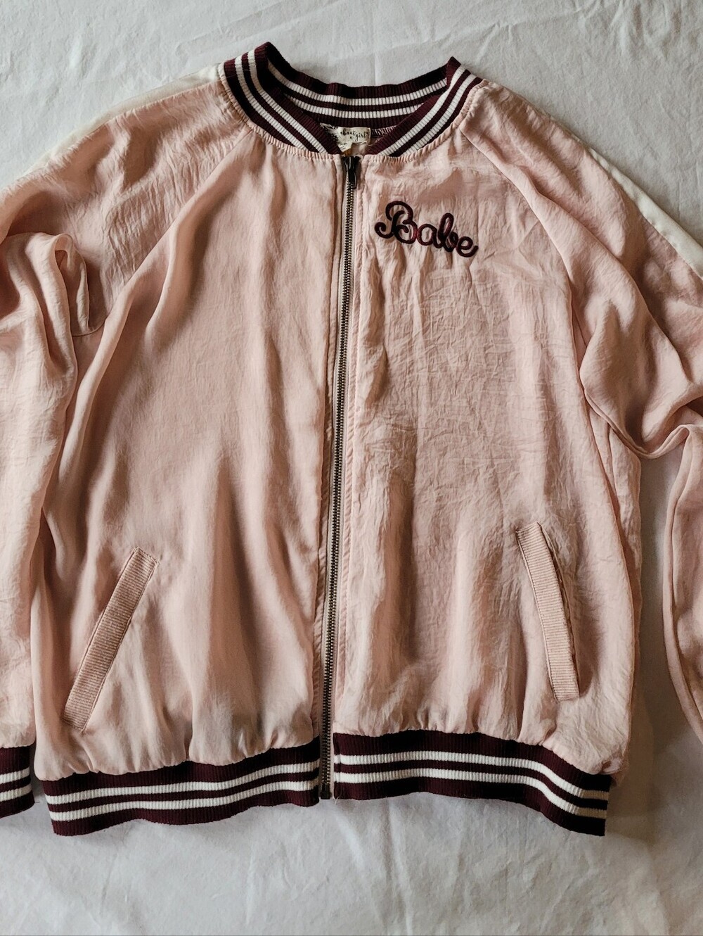 About A Girl Womens'Babe' Light Pink Bomber Jacket with Striped Trim Size XL